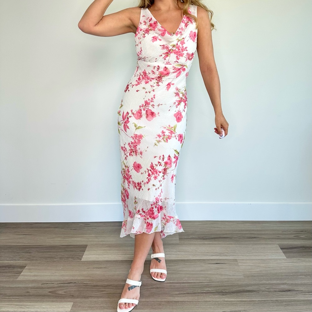 Vintage CottageCore White Floral Cowl Neck Asymmetrical Hem Dress (XS)